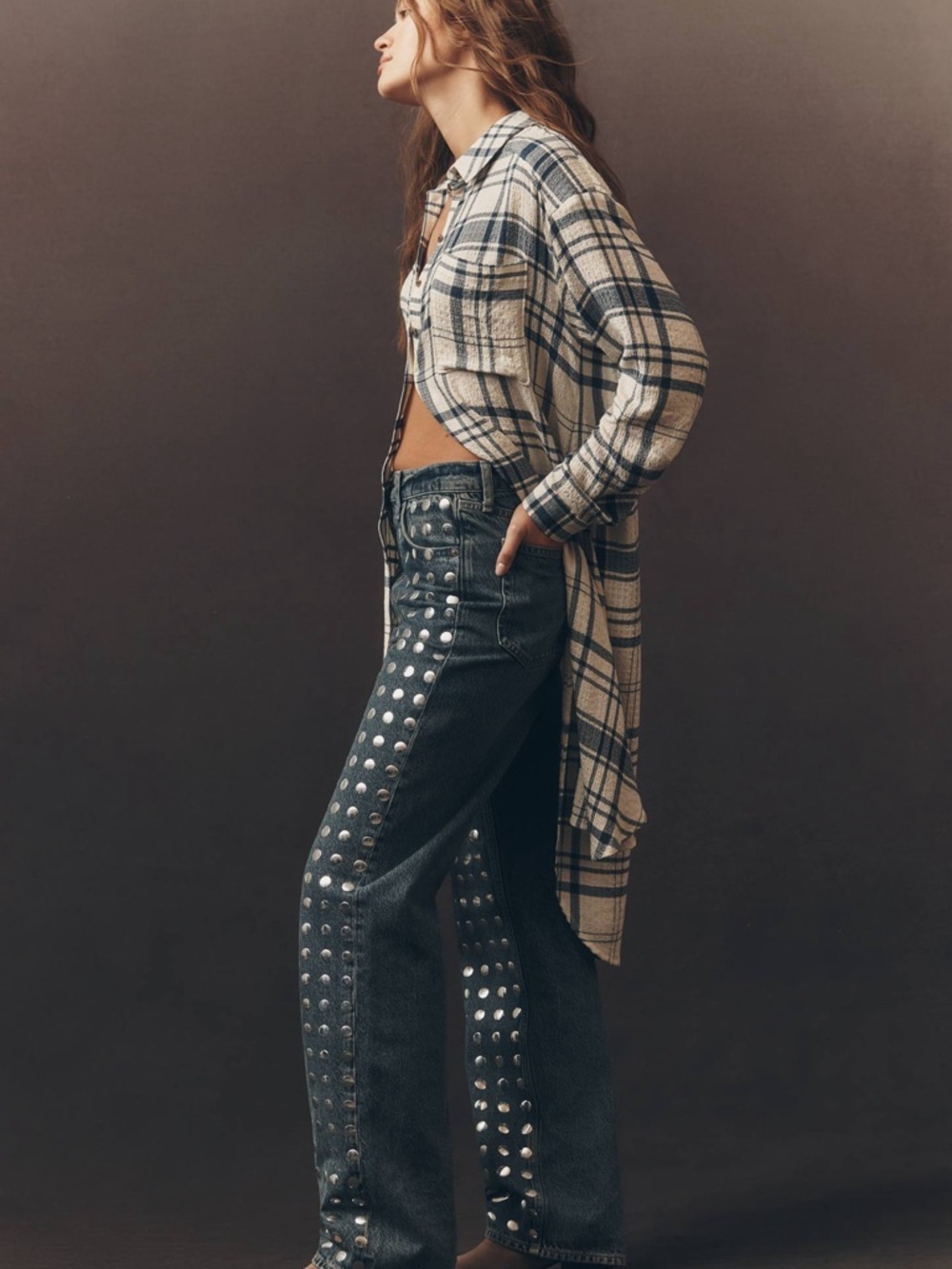 Pilcro Cream and Navy Long-Line Button Front Plaid High-Low Shirt Dress - Picture 4 of 15